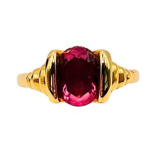 Women's Gold Plated Rubellite Toumaline Ring Size 10 Cocktail Statement Oval Cut